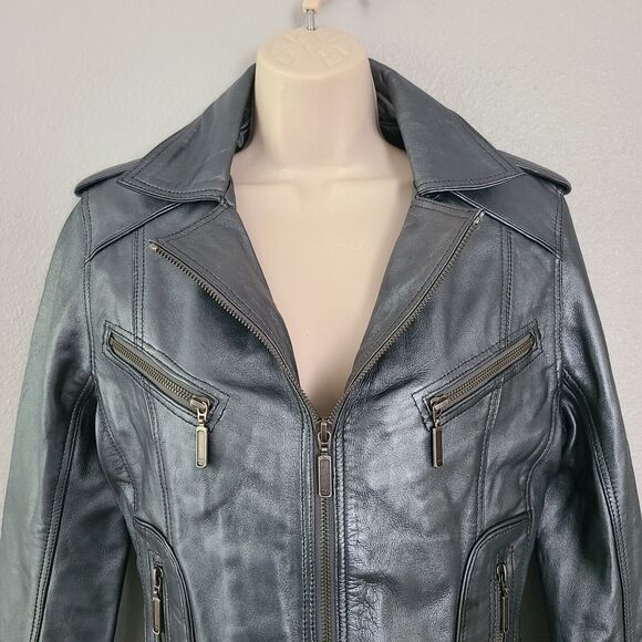 Aviatrix Women 100%  Leather Jacket Biker Rock Fitted silver gunmetal zipper M - Picture 3 of 11